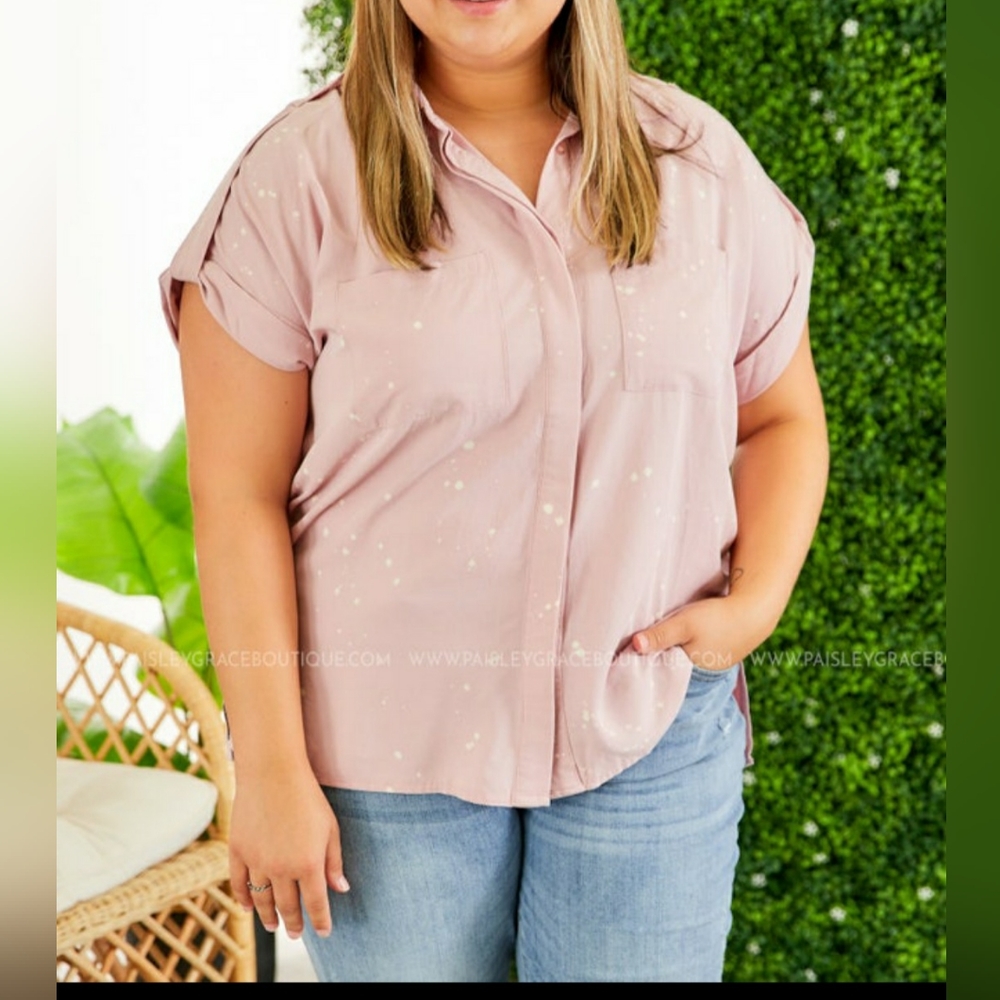 White Birch Button Down Hi/Low Blush Pink Top w/ Bleach Spots 1xl